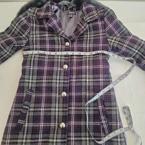 Kenneth Cole Reaction Plaid Coat with Faux Fur Collar Purple Gray Winter Warm - Picture 12 of 15